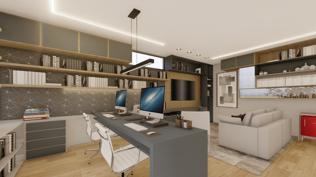 Render de home office com marcenaria planejada, estante e iluminação de destaque